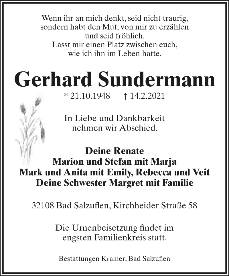  Traueranzeige für Gerhard Sundermann vom 20.02.2021 aus Lippische Landes-Zeitung