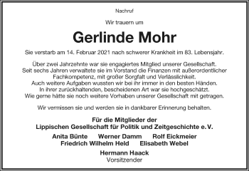 Anzeige  Gerlinde Mohr  Lippische Landes-Zeitung