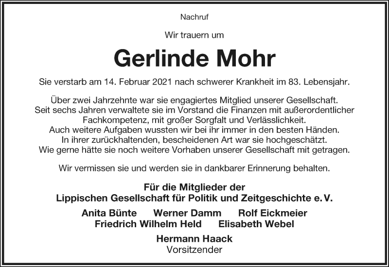  Traueranzeige für Gerlinde Mohr vom 20.02.2021 aus Lippische Landes-Zeitung