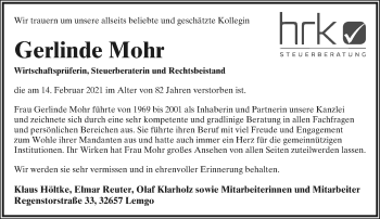 Anzeige  Gerlinde Mohr  Lippische Landes-Zeitung