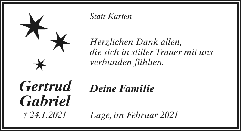  Traueranzeige für Gertrud Gabriel vom 27.02.2021 aus Lippische Landes-Zeitung