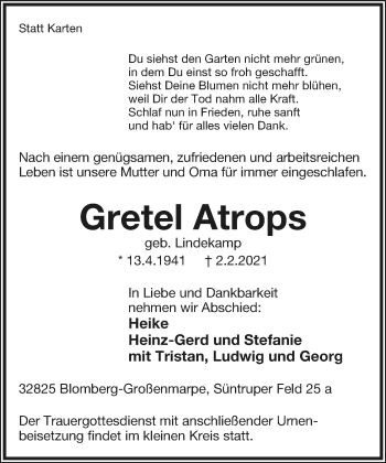 Anzeige  Gretel Atrops  Lippische Landes-Zeitung