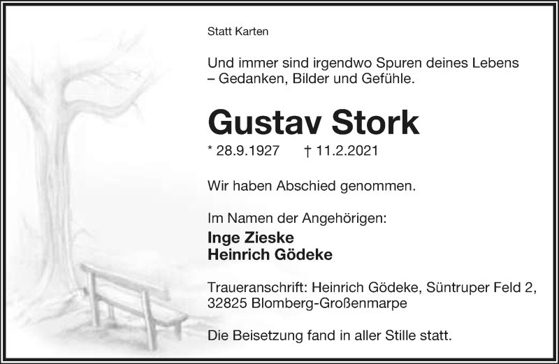  Traueranzeige für Gustav Stork vom 20.02.2021 aus Lippische Landes-Zeitung
