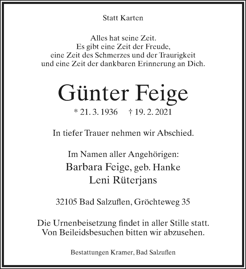  Traueranzeige für Günter Feige vom 20.02.2021 aus Lippische Landes-Zeitung