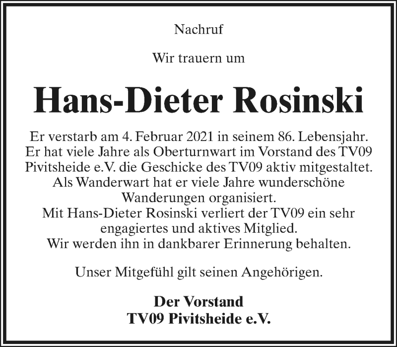  Traueranzeige für Hans-Dieter Rosinski vom 24.02.2021 aus Lippische Landes-Zeitung