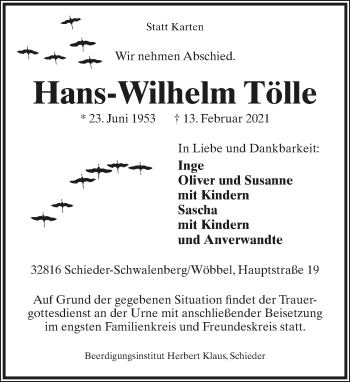 Anzeige  Hans-Wilhelm Tölle  Lippische Landes-Zeitung