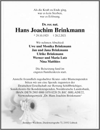 Anzeige  Hans Joachim Brinkmann  Lippische Landes-Zeitung