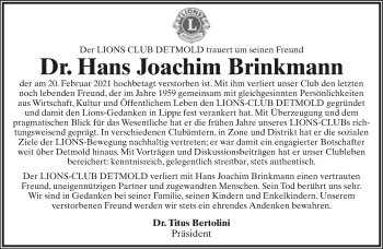 Anzeige  Hans Joachim Brinkmann  Lippische Landes-Zeitung