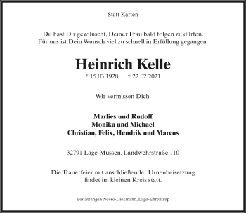 Anzeige  Heinrich Kelle  Lippische Landes-Zeitung