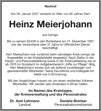 Anzeige  Heinz Meierjohann  Lippische Landes-Zeitung