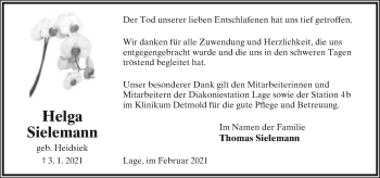 Anzeige  Helga Sielemann  Lippische Landes-Zeitung