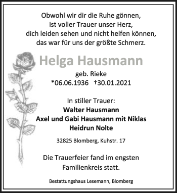Anzeige  Helga Hausmann  Lippische Landes-Zeitung