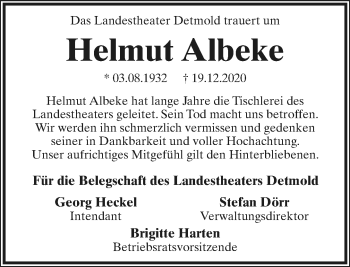 Anzeige  Helmut Albeke  Lippische Landes-Zeitung