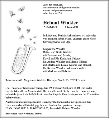 Anzeige  Helmut Winkler  Lippische Landes-Zeitung