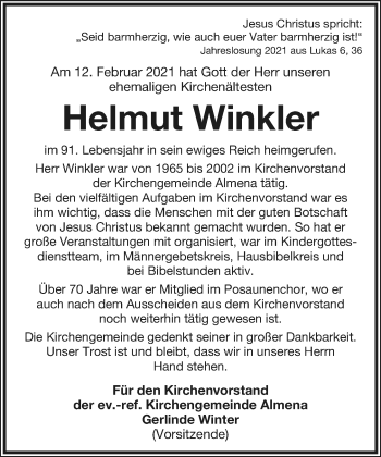 Anzeige  Helmut Winkler  Lippische Landes-Zeitung