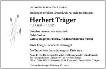 Anzeige  Herbert Träger  Lippische Landes-Zeitung