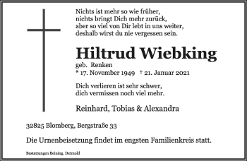 Anzeige  Hiltrud Wiebking  Lippische Landes-Zeitung