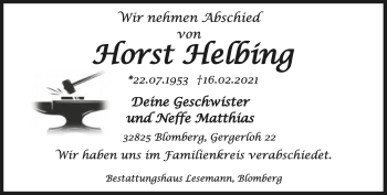 Anzeige  Horst Helbing  Lippische Landes-Zeitung