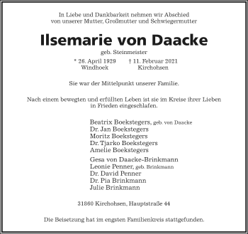 Anzeige  Ilsemarie von Daacke  Lippische Landes-Zeitung