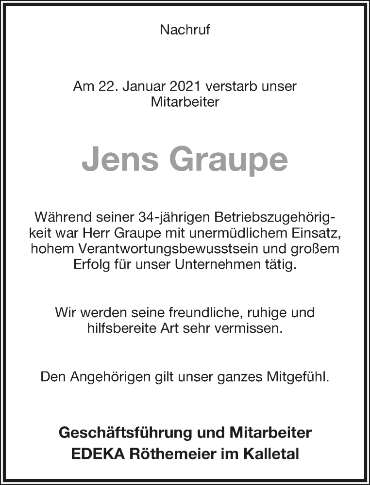  Traueranzeige für Jens Graupe vom 06.02.2021 aus Lippische Landes-Zeitung