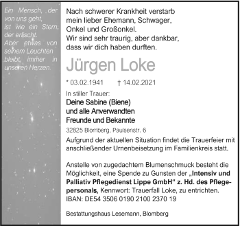 Anzeige  Jürgen Loke  Lippische Landes-Zeitung