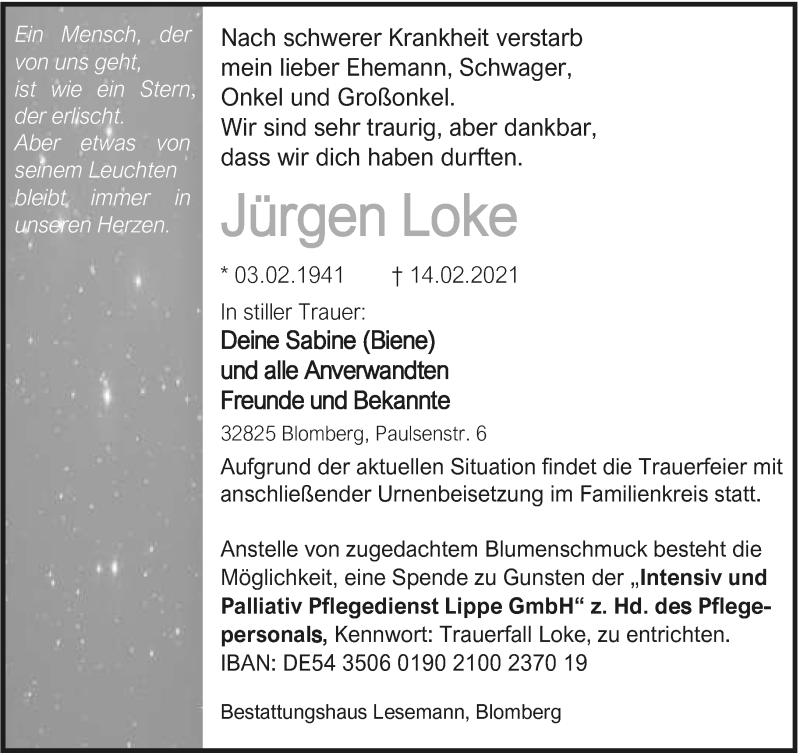  Traueranzeige für Jürgen Loke vom 20.02.2021 aus Lippische Landes-Zeitung