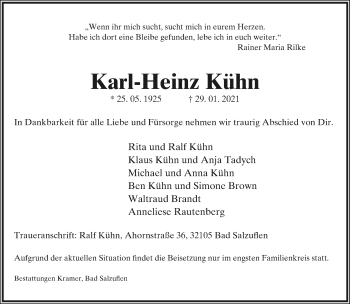 Anzeige  Karl-Heinz Kühn  Lippische Landes-Zeitung