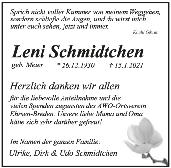 Anzeige  Leni Schmidtchen  Lippische Landes-Zeitung