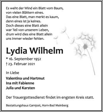 Anzeige  Lydia Wilhelm  Lippische Landes-Zeitung