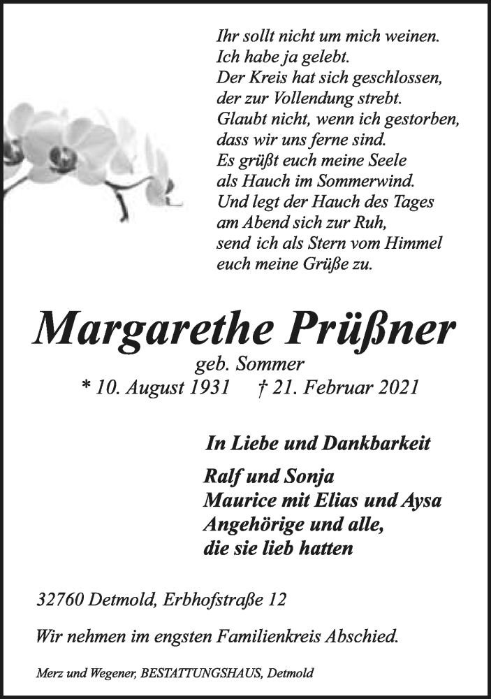  Traueranzeige für Margarethe Prüßner vom 27.02.2021 aus Lippische Landes-Zeitung