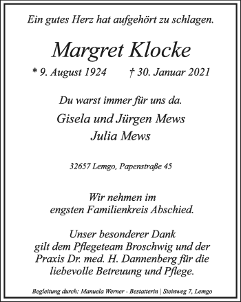 Anzeige  Margret Klocke  Lippische Landes-Zeitung