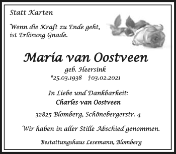 Anzeige  Maria van Oostveen  Lippische Landes-Zeitung