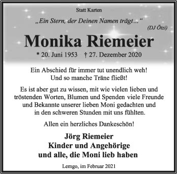 Anzeige  Monika Riemeier  Lippische Landes-Zeitung