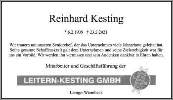 Anzeige  Reinhard Kesting  Lippische Landes-Zeitung