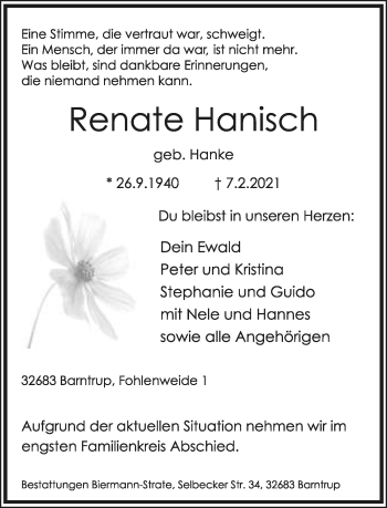 Anzeige  Renate Hanisch  Lippische Landes-Zeitung