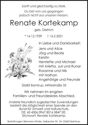 Anzeige  Renate Kortekamp  Lippische Landes-Zeitung