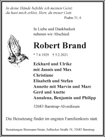 Anzeige  Robert Brand  Lippische Landes-Zeitung
