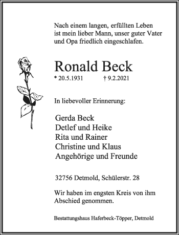 Anzeige  Ronald Beck  Lippische Landes-Zeitung
