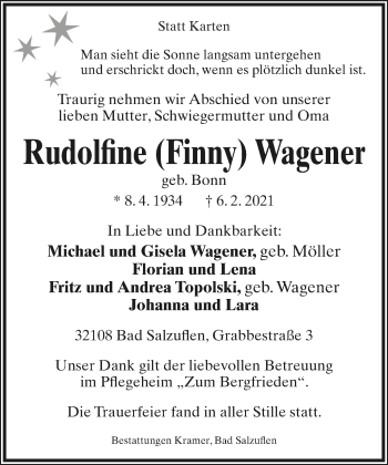 Anzeige  Rudolfine  Wagener  Lippische Landes-Zeitung