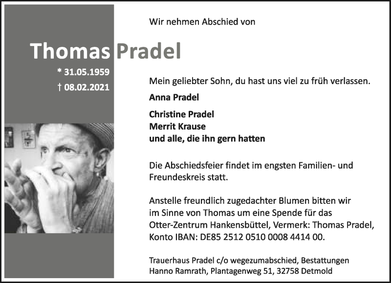  Traueranzeige für Thomas Pradel vom 20.02.2021 aus Lippische Landes-Zeitung