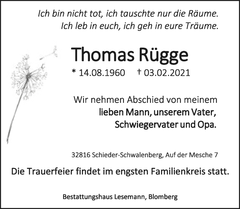  Traueranzeige für Thomas Rügge vom 20.02.2021 aus Lippische Landes-Zeitung