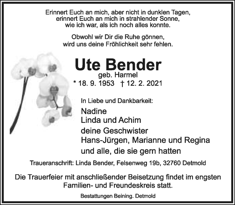  Traueranzeige für Ute Bender vom 27.02.2021 aus Lippische Landes-Zeitung