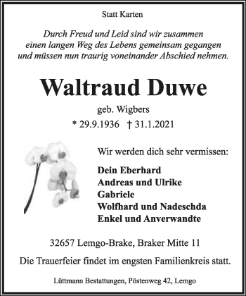 Anzeige  Waltraud Duwe  Lippische Landes-Zeitung