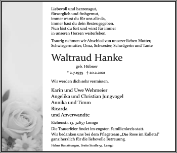 Anzeige  Waltraud Hanke  Lippische Landes-Zeitung