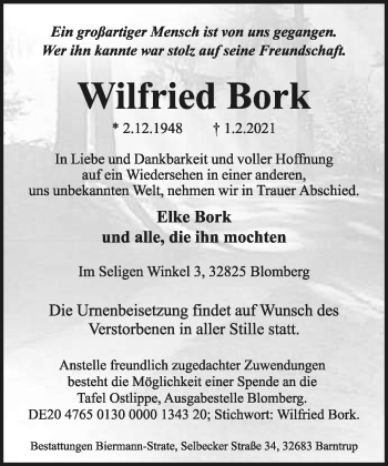 Anzeige  Wilfried Bork  Lippische Landes-Zeitung