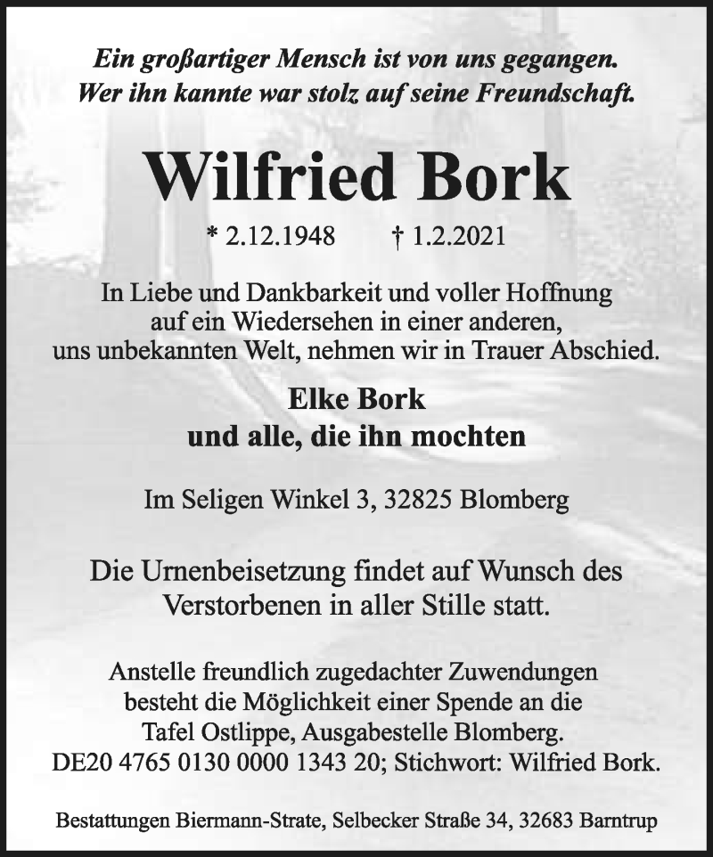  Traueranzeige für Wilfried Bork vom 06.02.2021 aus Lippische Landes-Zeitung