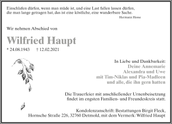 Anzeige  Wilfried Haupt  Lippische Landes-Zeitung