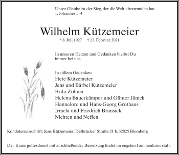 Anzeige  Wilhelm Kützemeier  Lippische Landes-Zeitung