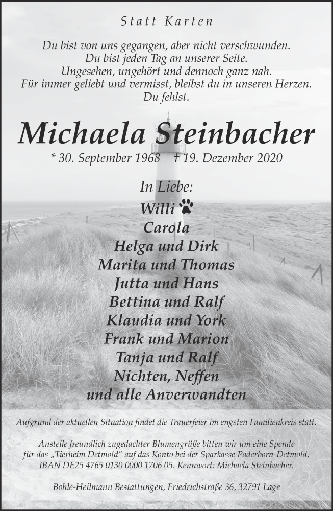  Traueranzeige für Michaela Steinbacher vom 02.01.2021 aus Lippische Landes-Zeitung