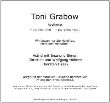 Anzeige  Toni Grabow  Lippische Landes-Zeitung